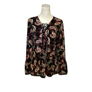 White House Black Market women’s paisley blouse with tassel ties, poet sleeves.